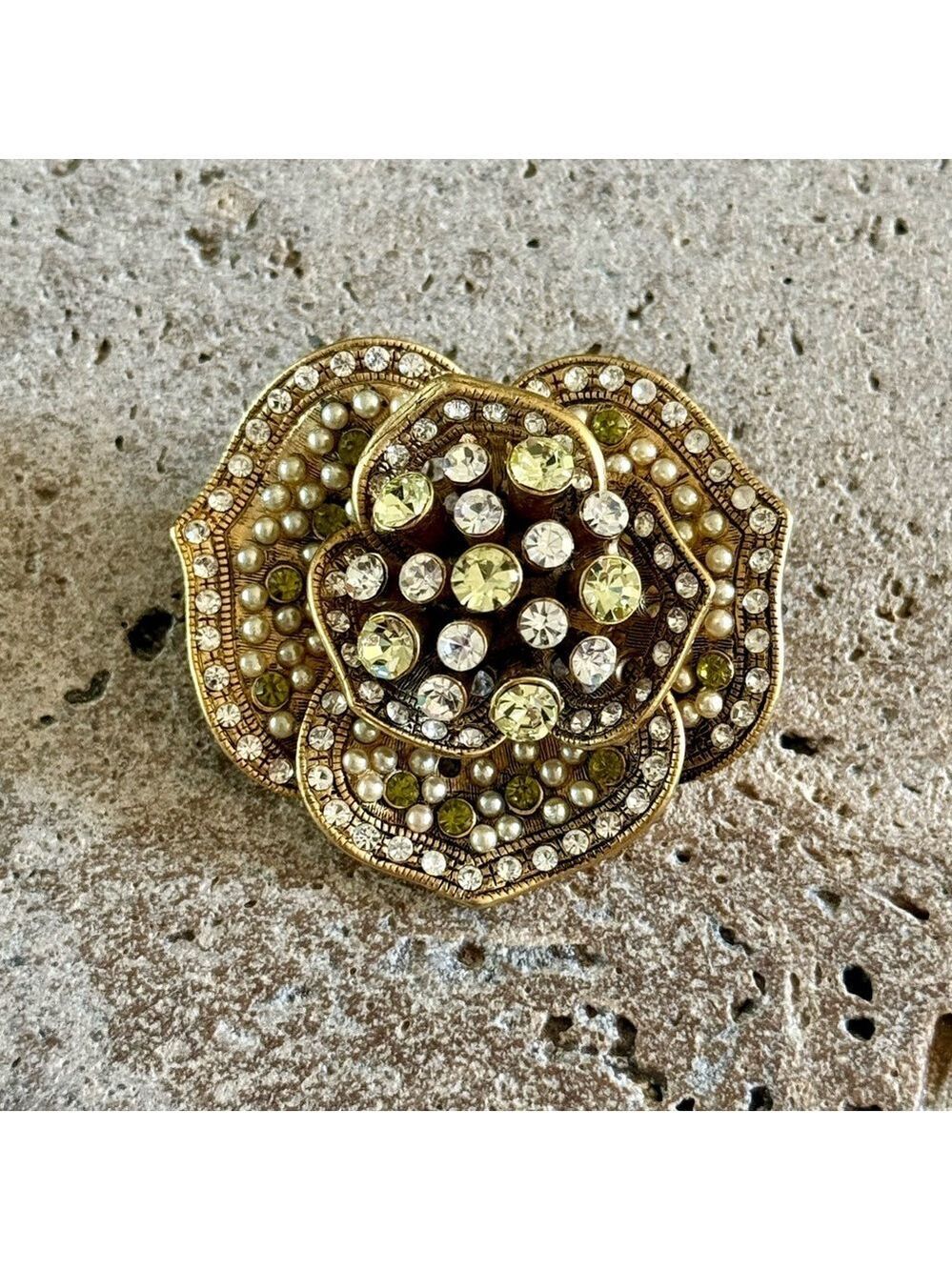 Lee Angel Flower Rhinestone Pin Brooch Gold Tone Vintage